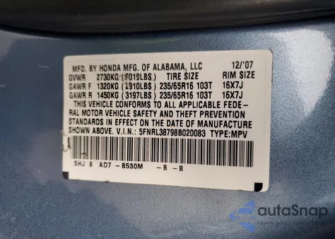 2008 Honda Odyssey Exl z USA, uszkodzony, nr VIN 5FNRL38798B020083